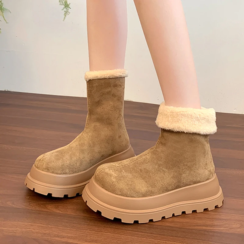 الفراء النساء الثلوج حذاء من الجلد الشقق الجلد المدبوغ أحذية منصة شتاء دافئ 2025 موضة قصيرة أفخم أحذية قطنية العلامة التجارية الجديدة Mujer Botas #2