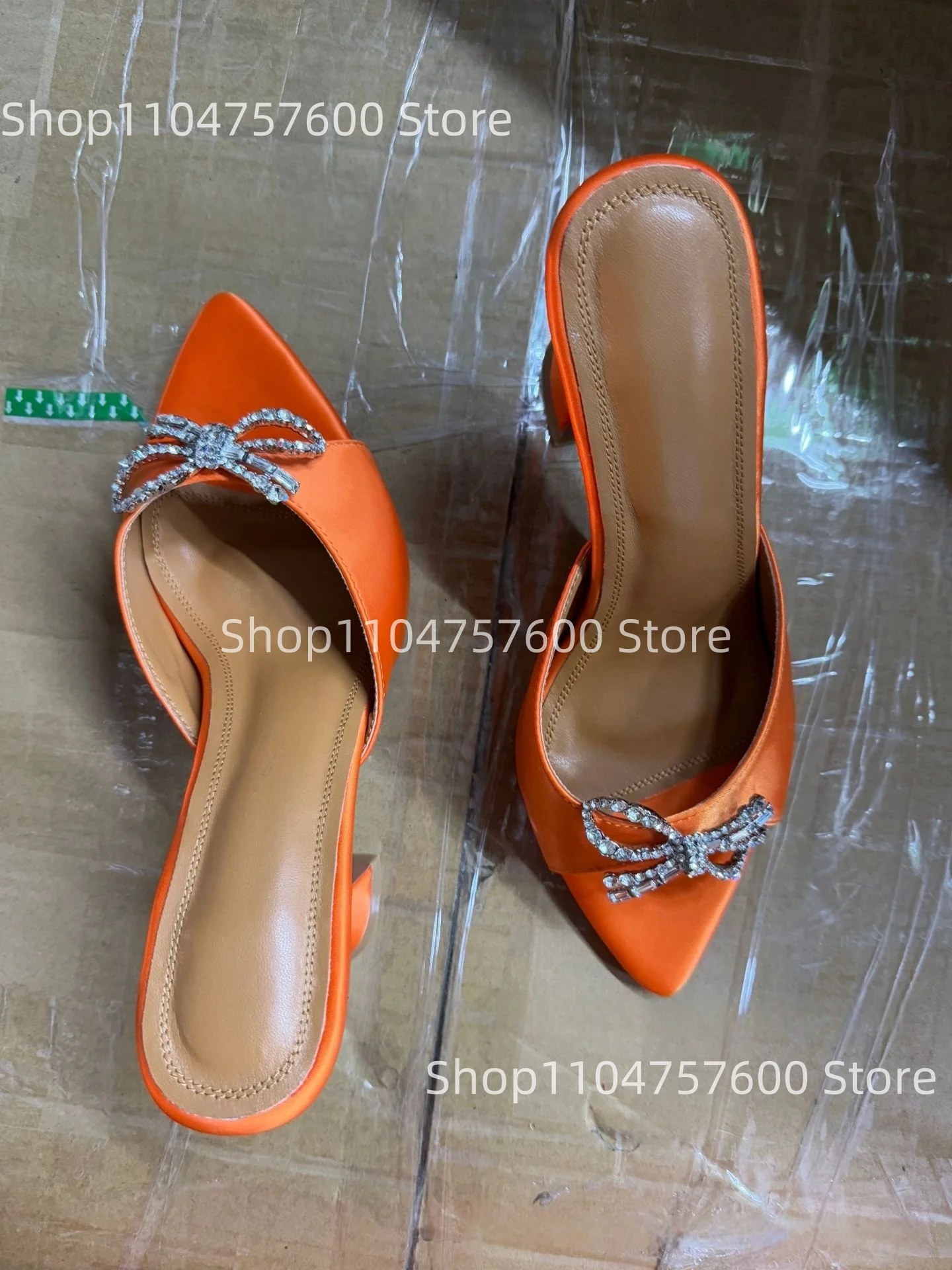 

2025 Summer New Women's Outdoor Slip-On Slippers Pointed Toe Stiletto Heels Rhinestone Bow Elegant Sexy Ladies Large Size Shoes