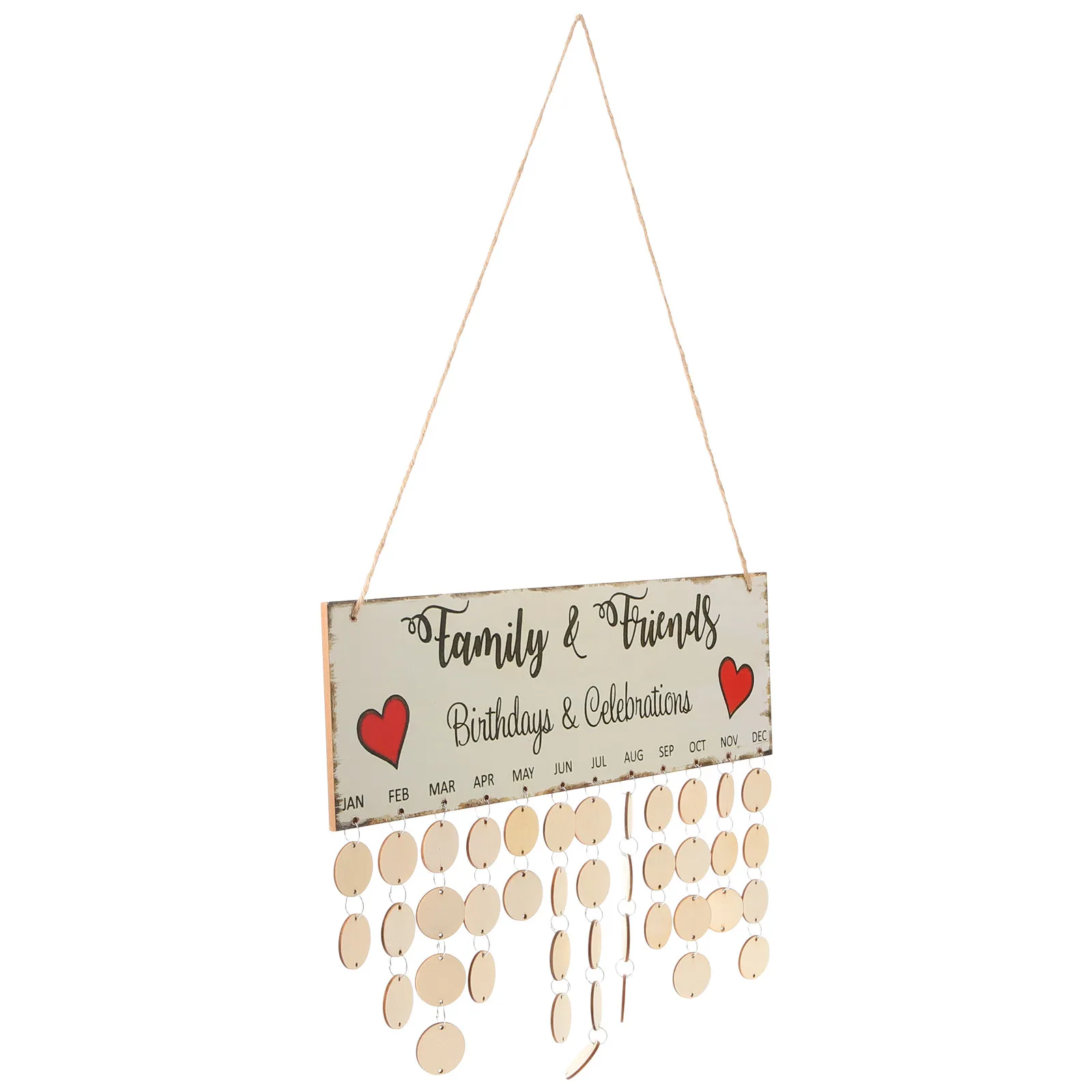 

Birthday Calendar Reminder Wooden Plaque 40x12x0.5cm Printed Family Friends Celebrations Wall Decor Easy Assembly 50 Round Discs