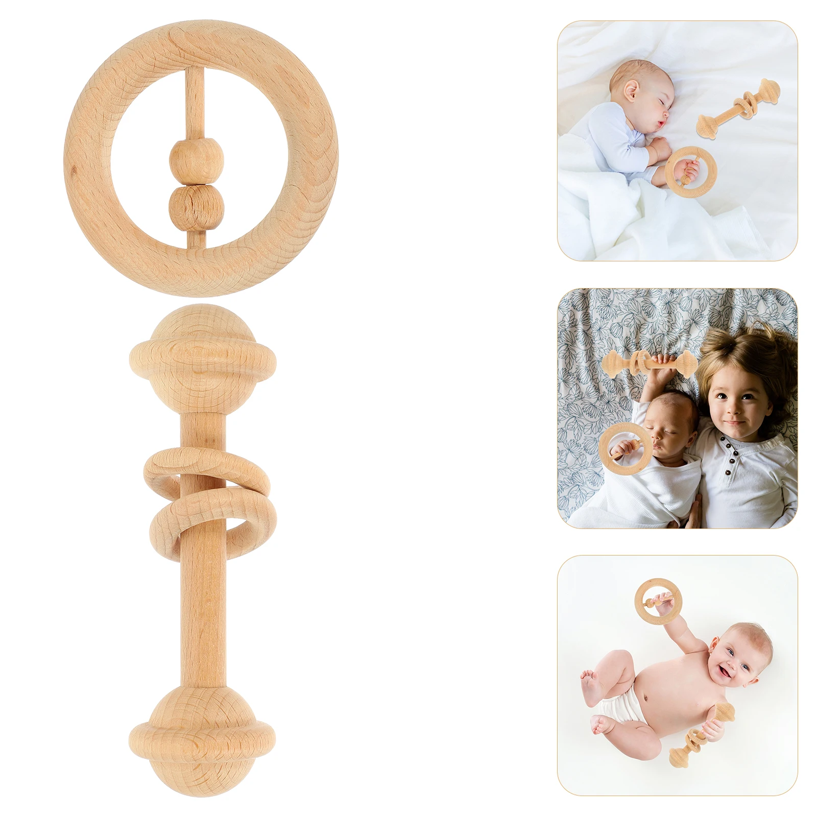 2 Stück Holzrasseln ohne Lackierung, Baby-Handrassel, interaktiv, pädagogisch, visuell, auditiv, sensorische Entwicklung, tragbar, neutral