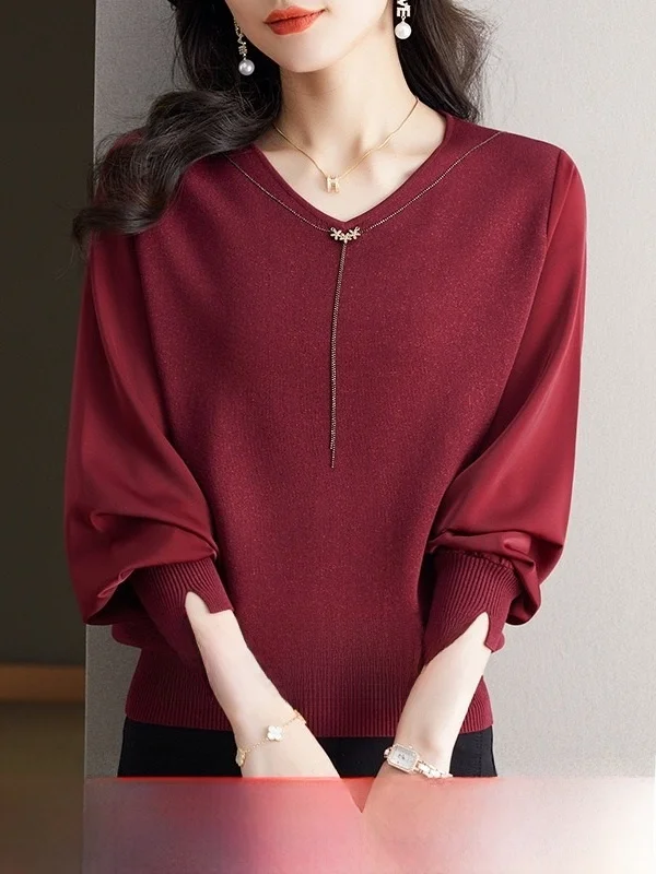 

Autumn Winter V-Ne Long Sve Knitted Base irt for Middle-Aged Women Comfortable Breathable Glue Fiber Casual Sle