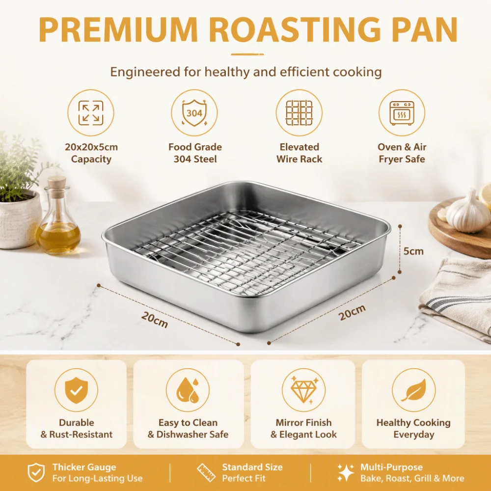 304 Stainless Steel Roasting Pan with Rack Raised Cooling Rack Polished Square Baking Tray Silver Deep Edge Air Fryer Drip Tray