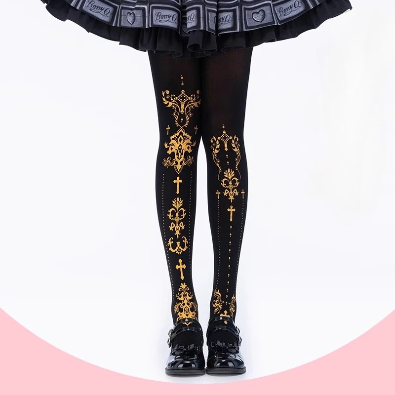 Japanese Original Socks Ode To The Cross Lolita Stockings Pantyhose Sweet Stockings Bronzing Print Velvet Pantyhose for Women