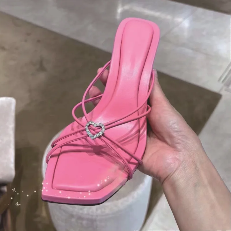 Shoes Thin Heels Heeled Mules Glitter Slides Slippers Women Summer Pantofle Rubber Flip Flops Low High Jelly 2024 Hawaiian Cryst