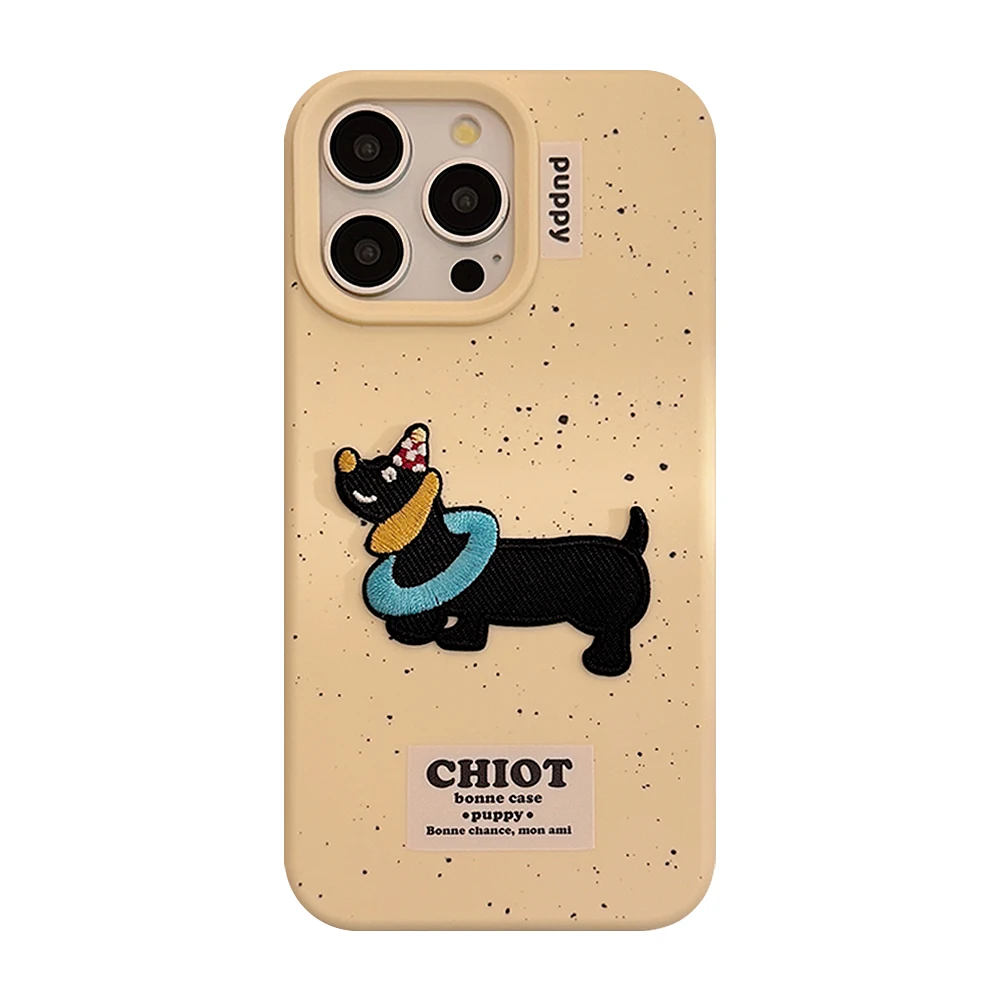 Cartoon INS Light Yellow Ink Splash Embroidery Dachshund Case for iPhone 16 15 14 13 Pro Max Back Phone Cover for 12 Pro Capa