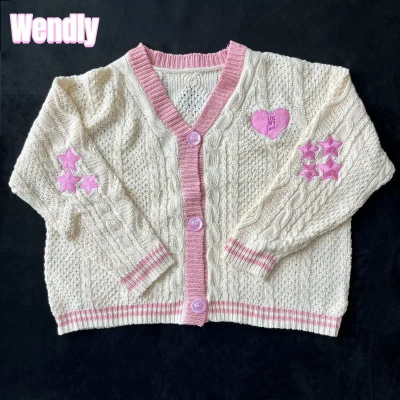 Cardigan feminino em forma de coração com bordado estrela rosa, suéter amante, outono, feminino, presente dos namorados