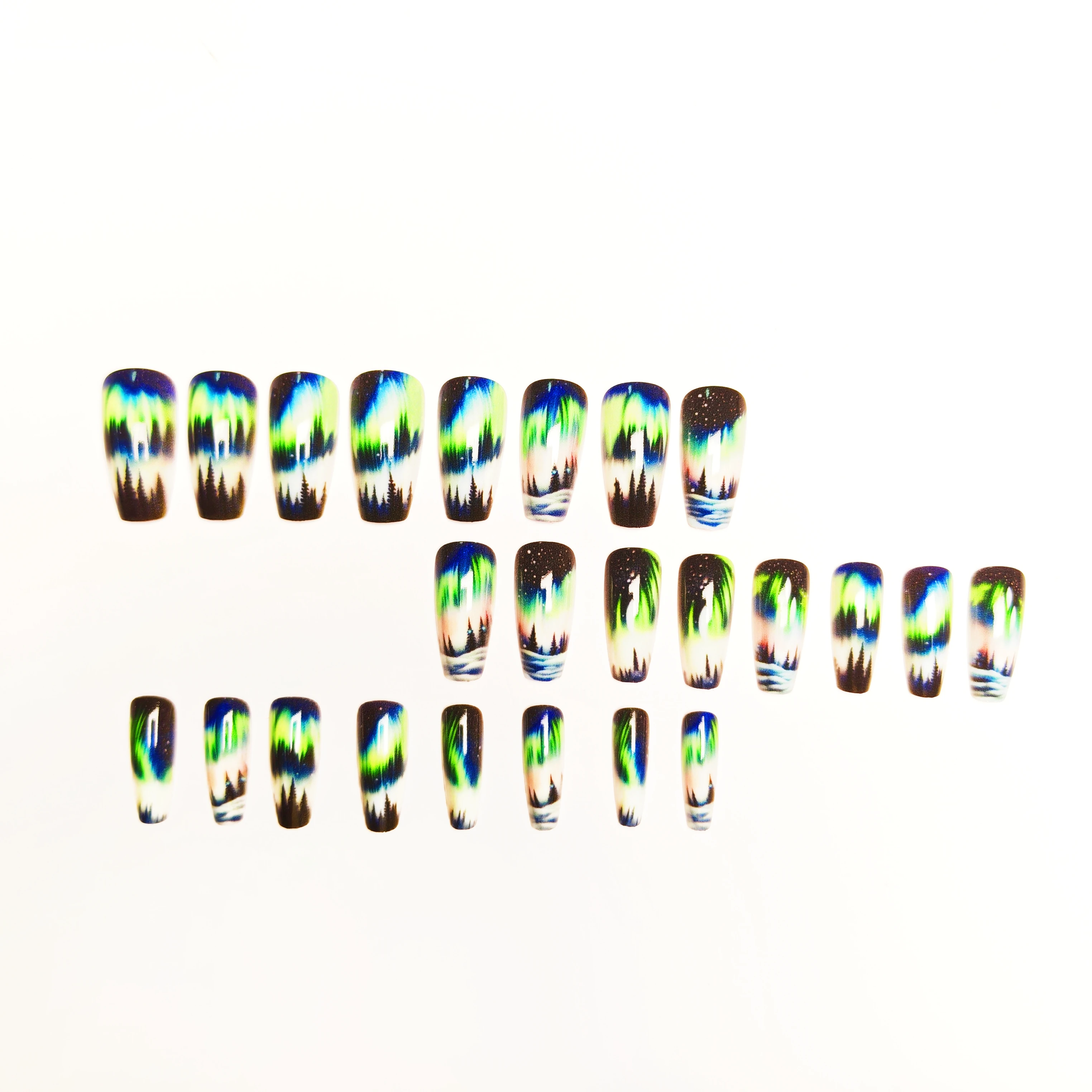 24-Piece Press-On Nails with Green, White, Black, and Pink Fake Nails Featuring Aurora Meteor, Forest, and Northern Lights Designs, Medium-Length Ballet-Style Wearable Nails, Glossy Detachable Nail Pieces, Suitable for Daily Wear, Suitable for Outfits, Special Occasions, Romantic Occasions, Press-On Decorative Nails