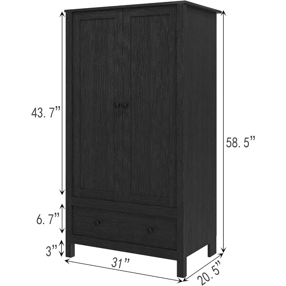 Wooden Nordic Minimalist 2 Door Black Closet Wardrobe, Organizer Armoire With Drawer Dressers For Bedroom