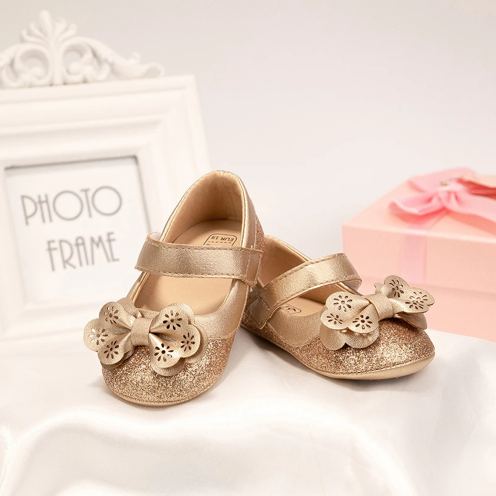 0-18M Cute Newborn Golden Baby Shoes Non-Slip Soft Sole Glittered Sequins Prewalkers PU Leather Bowknot Princess Walking Shoes