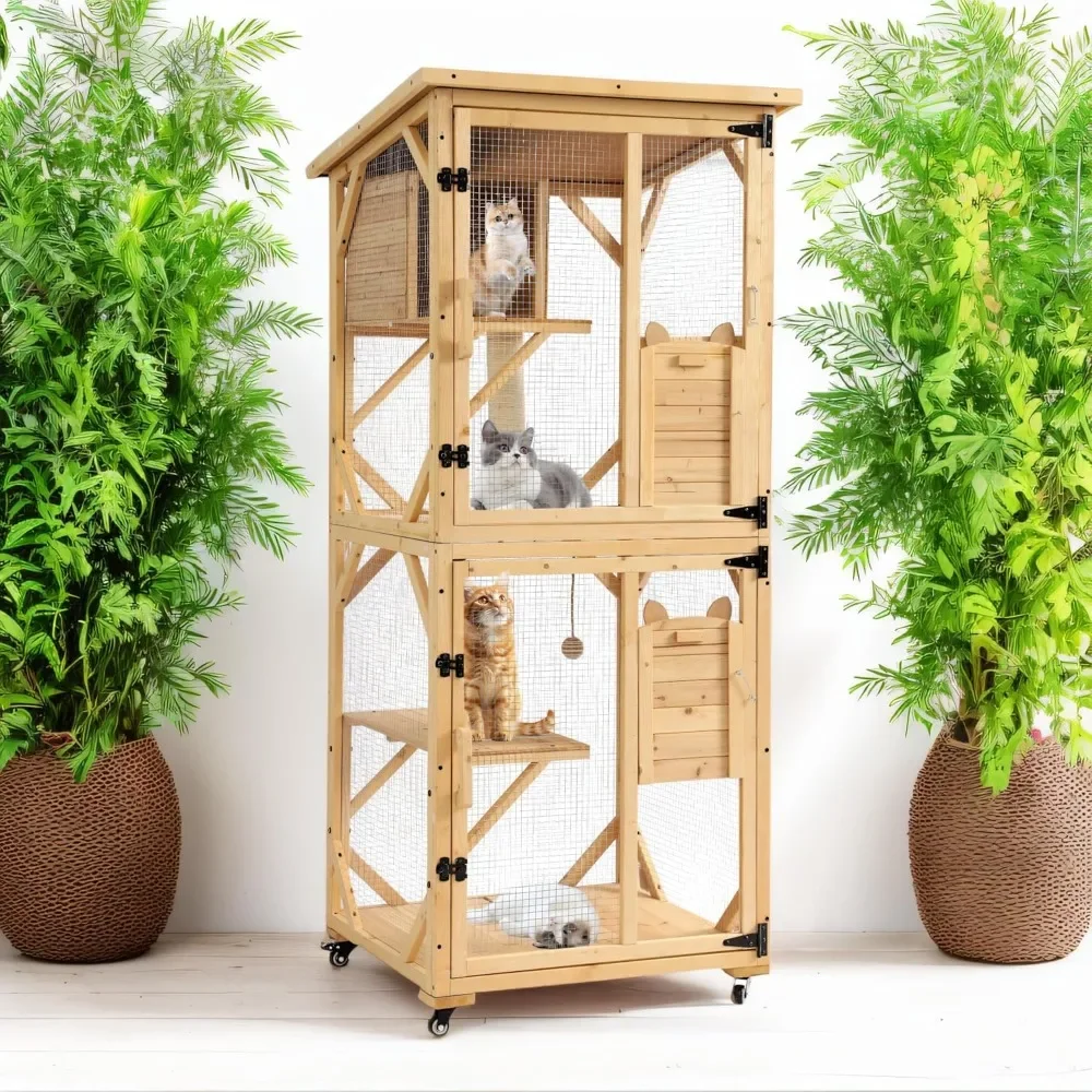 

71 H Cat Catio Outdoor Cats Enclosure Window, 4 Tiers Cat Wooden House Cage on Wheels, Large Catios for Cats Indoor Patio