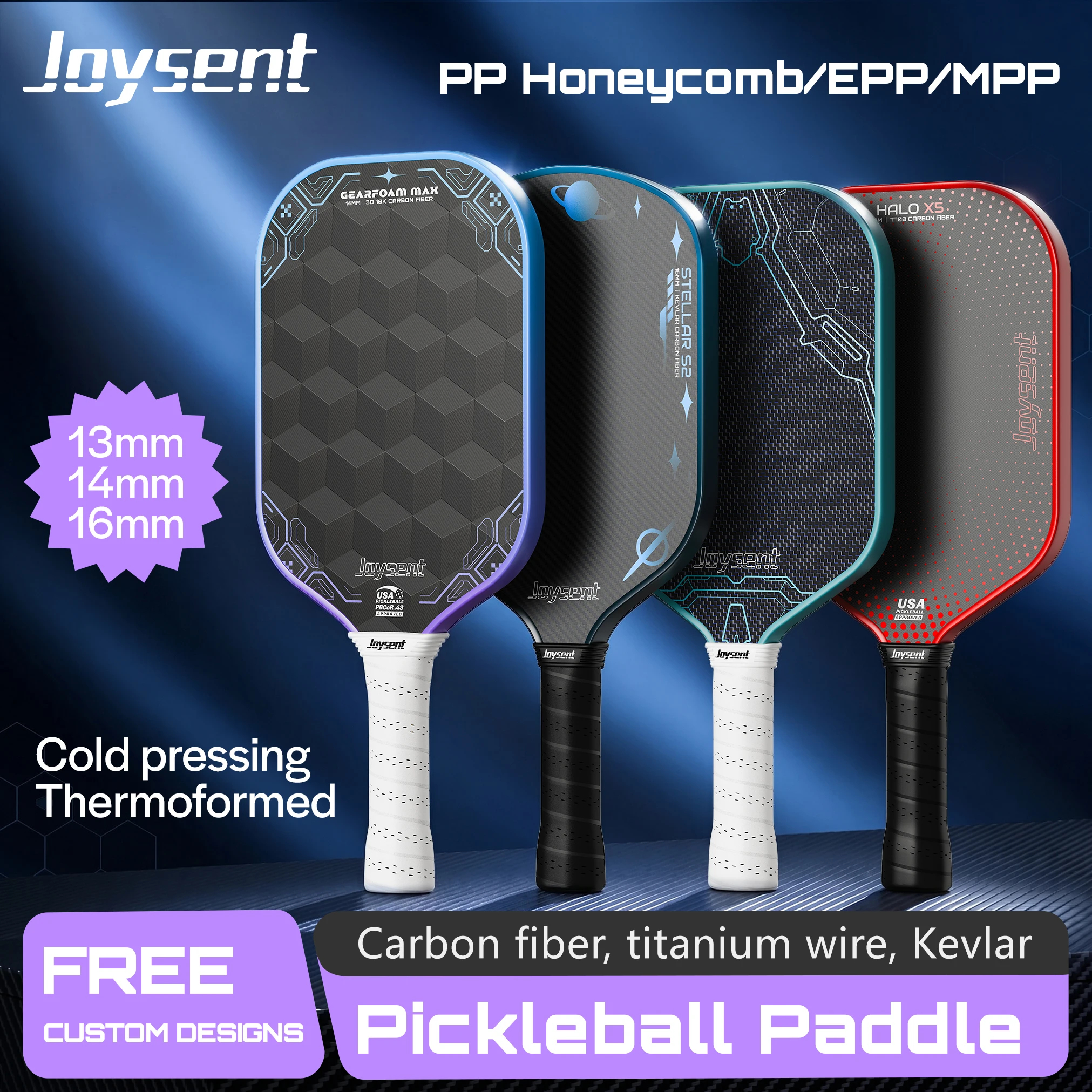 raquette-de-pickleball-joysent-personnalisee-en-fibre-de-carbone-t700-kevlar-fil-de-titane-3d18k-13-14-16-mm-pp-noyau-en-mousse-alveolee-epp-mpp-en-option