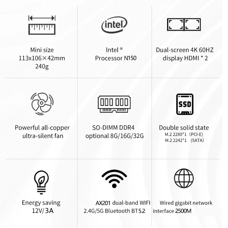 كمبيوتر صغير GMKtec ZX03 Intel Alder Lake-N150 يعمل بنظام التشغيل Windows 11 16G LPDDR4 1 تيرابايت SSD WIFI5 BT4.2 LAN 2.5G 1000M 4K HDMI كمبيوتر ألعاب مكتبي