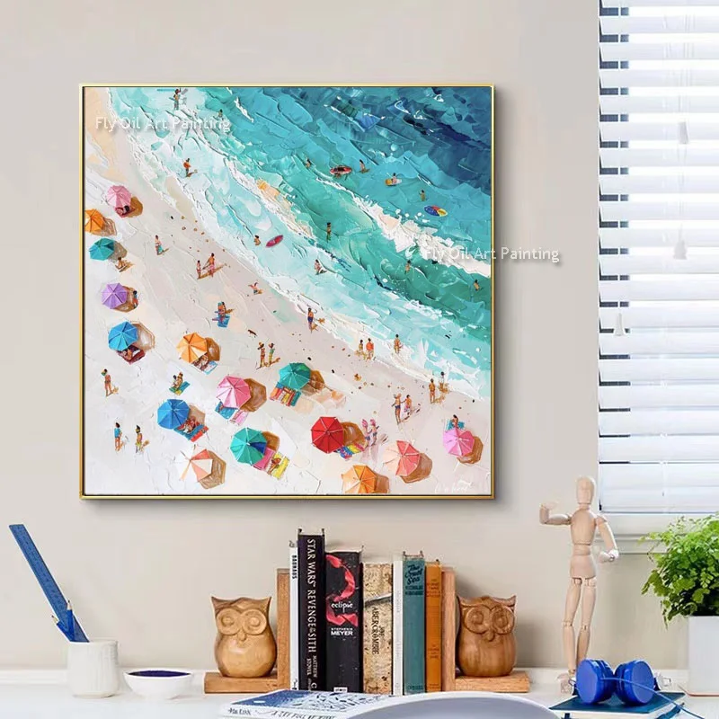 Summer Beach Sea Scape Thick Oil Painting Handpainted People Play By The Sea Canvas Wall Art Blue Sea Wave Artwork For Decor