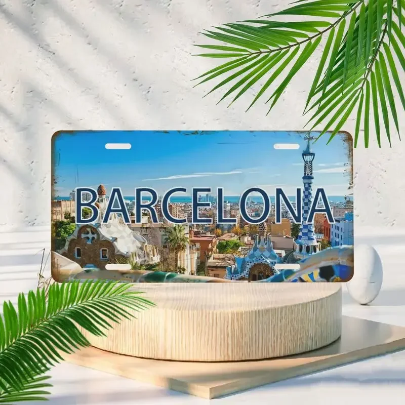 2D Flat Barcelona Travel Vintage Aluminum Plaque Spain Cityscape Wall Hanging Decor Home Bar Cafe