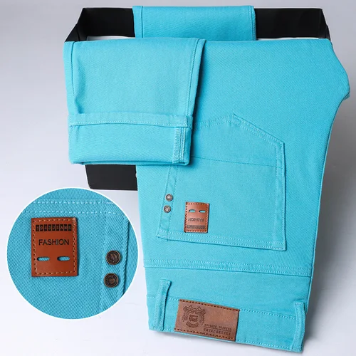 Imagen 2 del producto Pantalones ajustados para hombre, informales, coloridos, primavera 2025, nuevos Pantalones rectos, pantalones elásticos de algodón a la moda, rojo, amarillo, rosa y azul