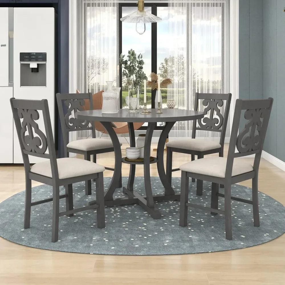 Round Kitchen Dining Table Set for 4, 5 Piece Farmhouse Wood Round Extendable Dining Table and 4 Upholstered Dining Chairs