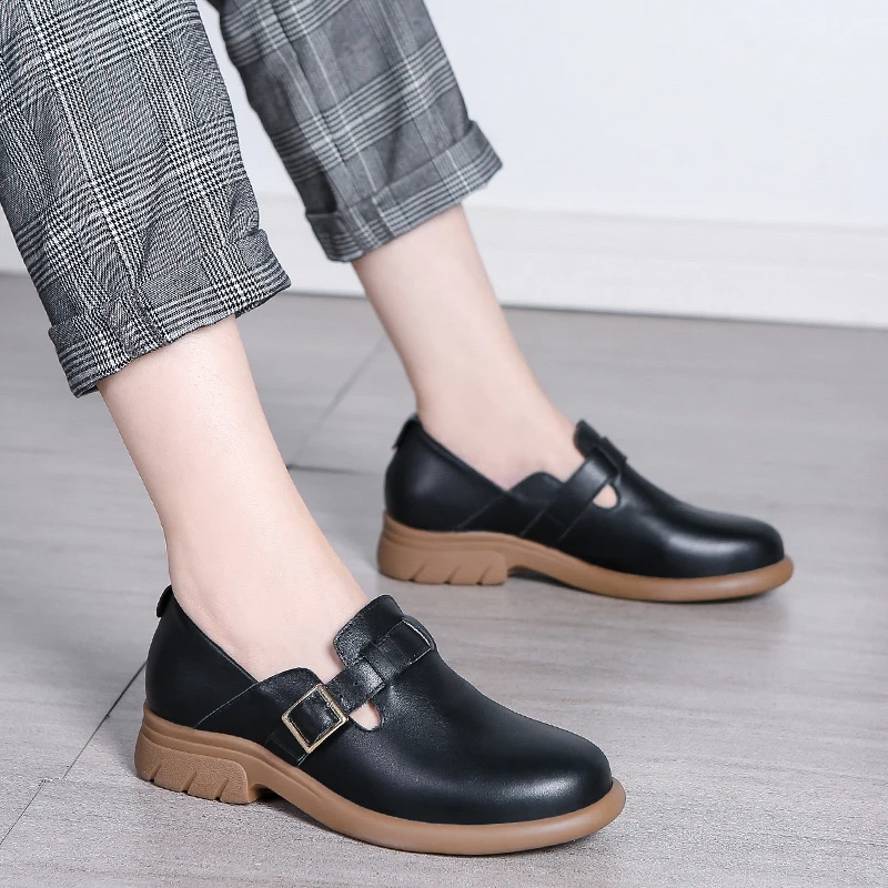 Loafers Women Spring Deep Mouth Single Shoes One Step Off Casual Shoes Leather Small Shoes British Style Platform Shoes Step-in