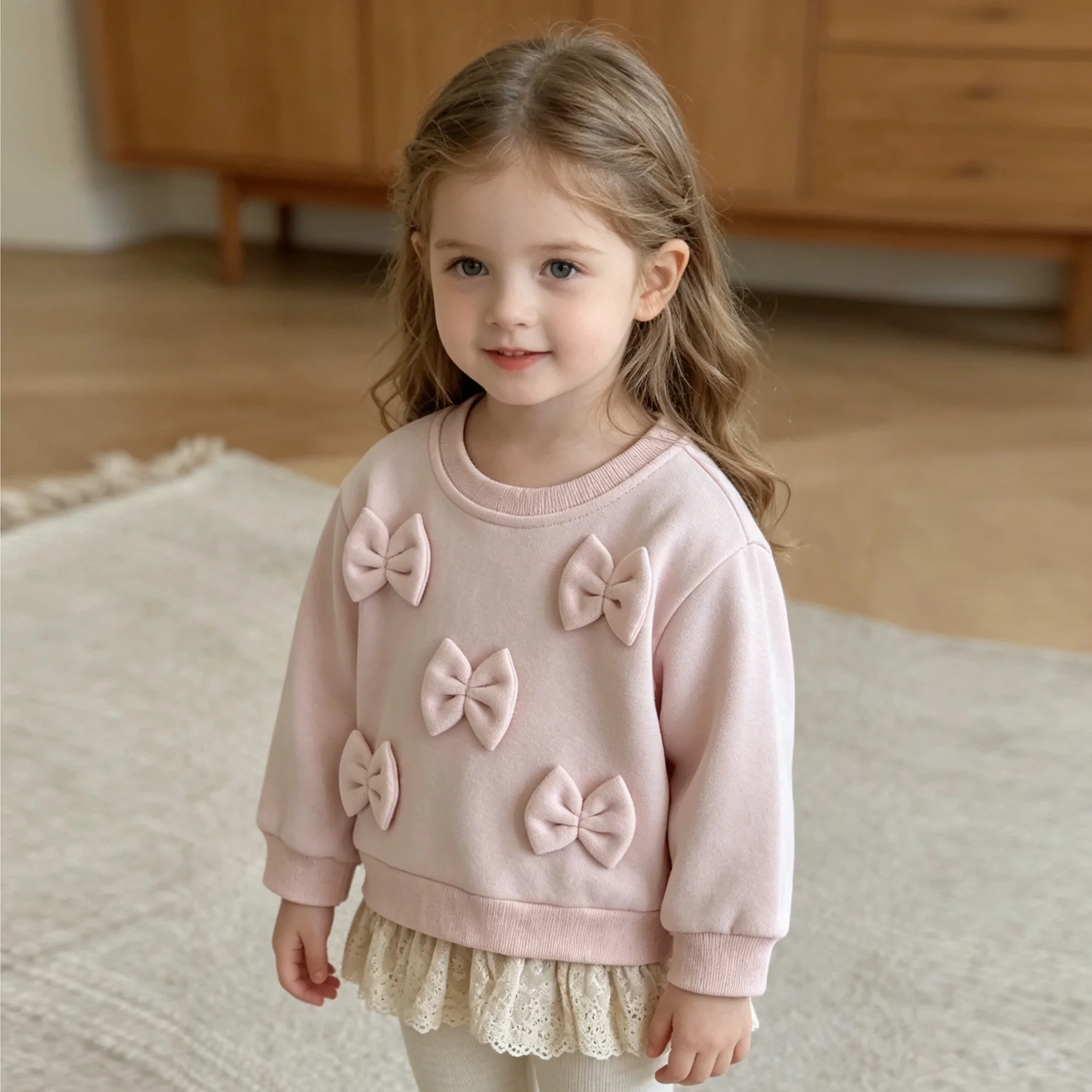 New Design Fashion Baby Girl Clothes Spring Fall 3D Bow Decoration Lace Hem Top+Casual Solid Color Pant Sets