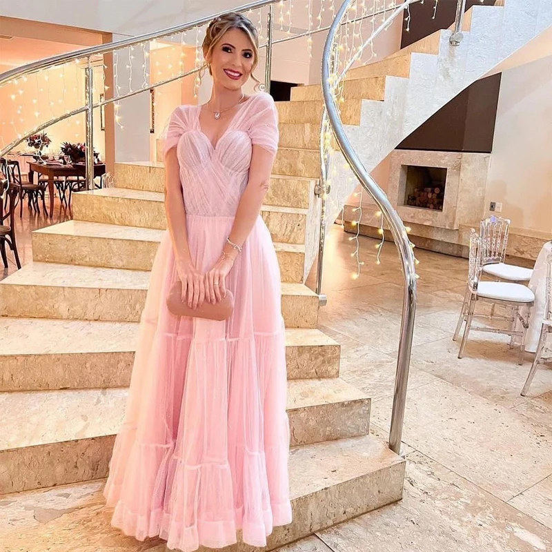 

Pink Princess Evening Dress 2022 A-Line Sexy Illusion Short Sleeve V-Neck Lace Appliques Backless Floor-Length Party Prom Gown