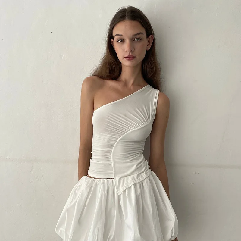 Fashionable European And American Style Slim Fit Sleeveless Top for Women with Gathered Detail Two Way Wear Shoulder Baring