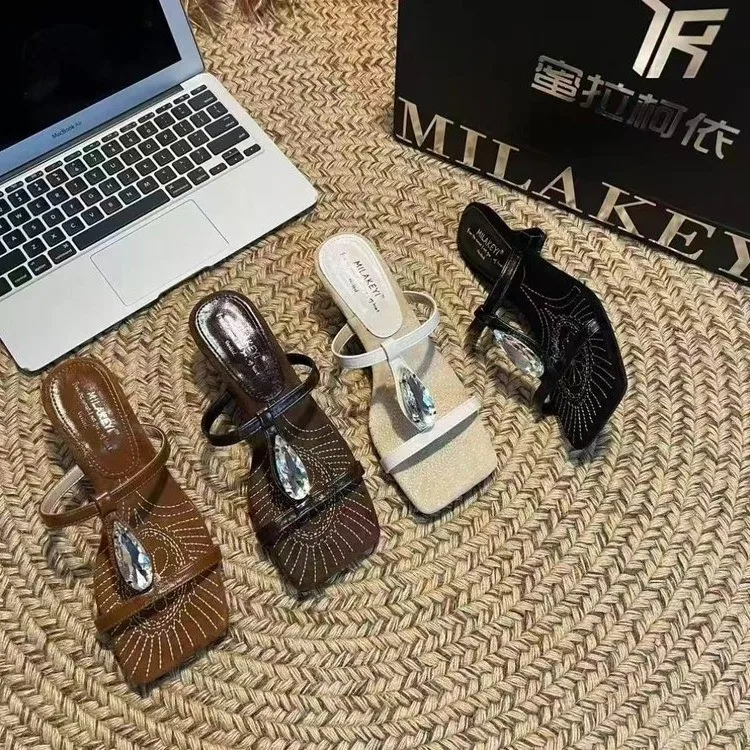 

Women's Boho Rhinestone Sandals, Low Heel Thong Slides, Square Toe Hollow Out Slip-on Shoes for Summer Beach & Daily Wear