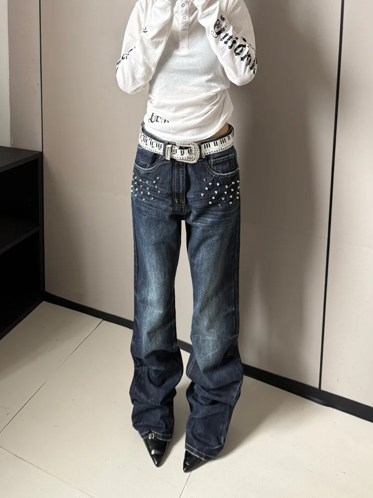 Retro Large Size Bell Bottom Jeans Women's Straight Leg Floor Length Trousers Washed Denim Slimming High Waist Rivet Detail