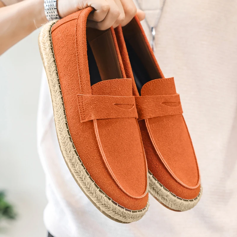 Suede Leather Male Loafers Fashion Men's Slip-On Flats Classic Casual Leather Shoes Metal Buckle Man Business Footwear Moccasins