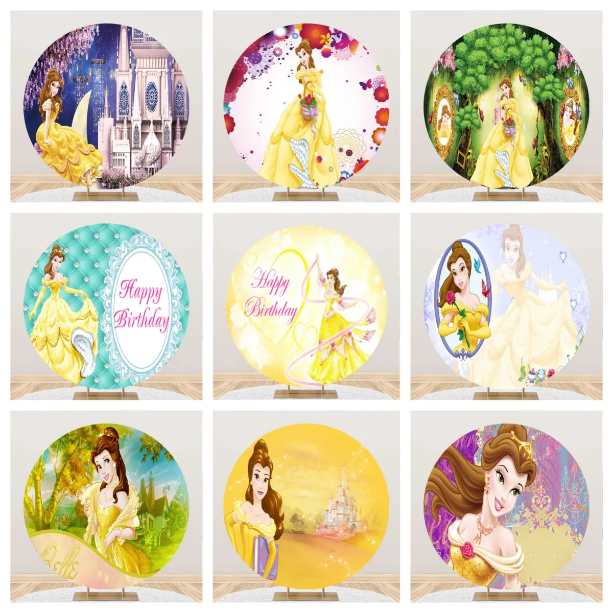 Disney Round Circle Custom Magic Party Backdrop Disney Princess Beauty and the Beast Belle Theme Birthday Background Deco