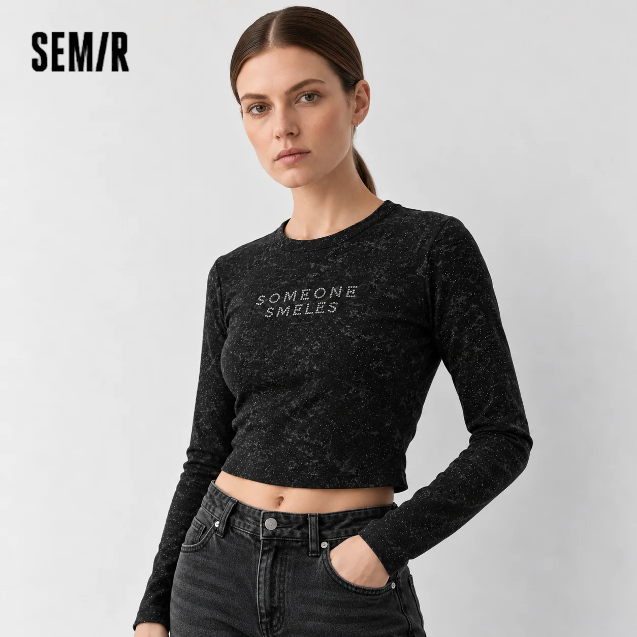 Semir Women Tshirt Long Sleeve Sequin Wash Letter Slim Ruched Street Smart Casual Style Autumn Top Daily Wear 2026