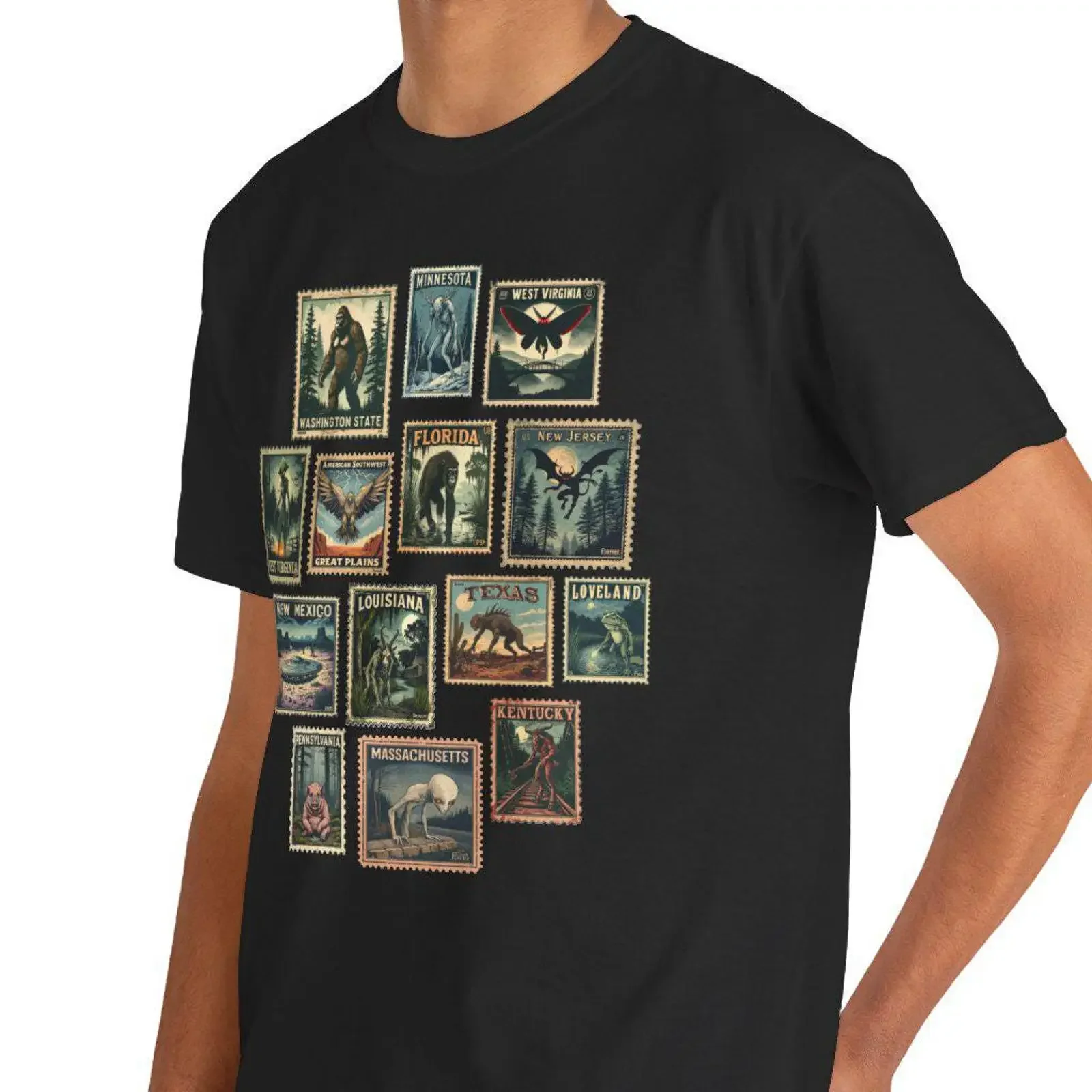 Cryptid State Stamps T Shirt Bigfoot Mothman Jersey Devil vintage Washed Top For Everyday Wear designer clothes graphic Casual
