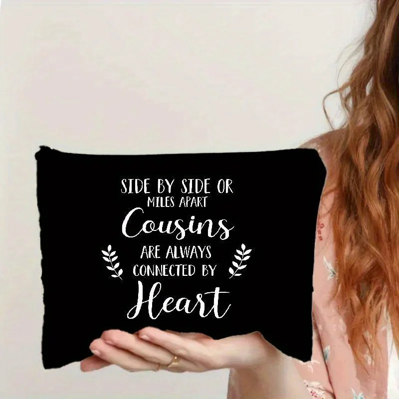 Chic Cousins Letter Print Cosmetic Bag - Lightweight Canvas Makeup & Toiletry Organizer with Zip Closure, Perfect for Travel