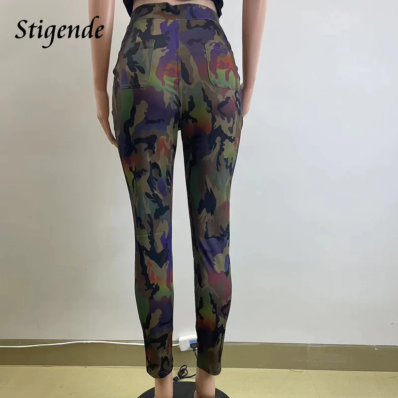Stigende Women Green Pencil Leggings Slim Fit Camouflage Pants Streetwear Gradient Color Skinny Workout Trousers Pocket