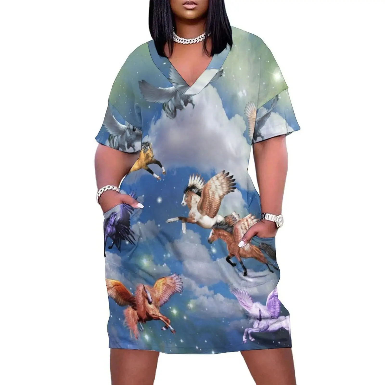 

Flying Pegasus In The Night Sky Legendary Animals 8 Pegasi All Colors Loose Pocket Dress african dresses for woman