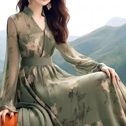 Spring Summer Maxi Dress Women V-neck Fashion Long Sleeve Zipper Patchwork Dresses Vintage Elegant Printing All-match Vestidos