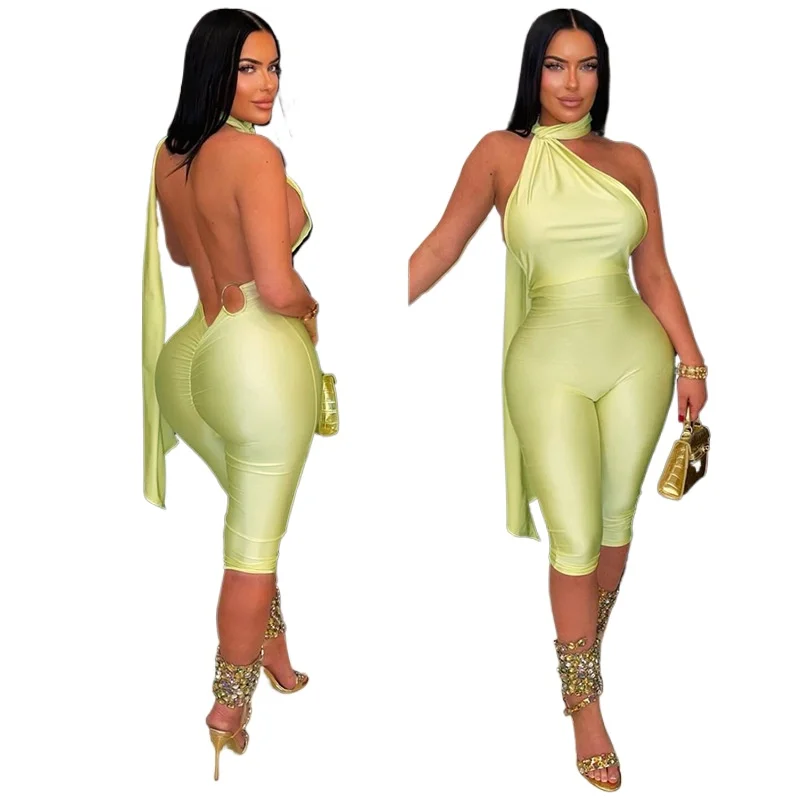 Custom LOGO women's European American style summer sexy spice girl style neck-hanging streamer big backless seven-point jumpsuit