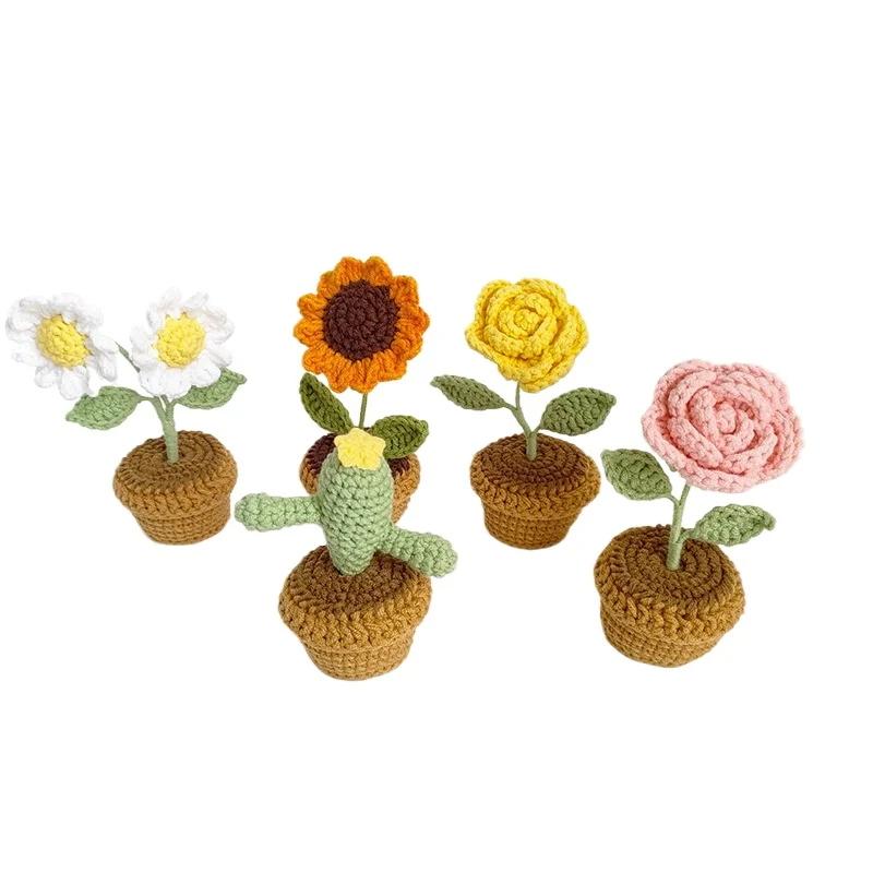 Handmade Yarn Weaving Potted Plants, Car Mounted Potted Plants, Simulated Flowers, Sunflowers, Roses, Finished Decorations