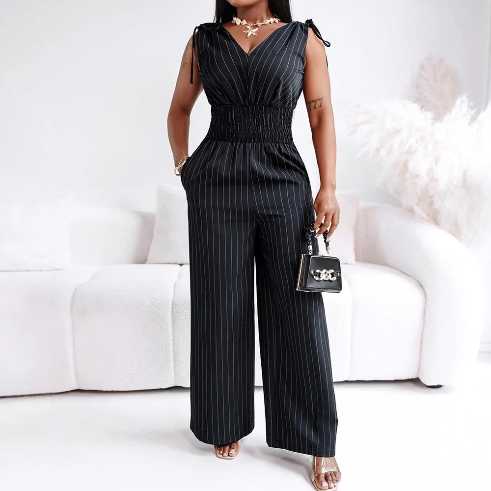 

Women High Waist Overall Pants Jumpsuits Striped V-Neck Sleeveless Casual Tied Detail Shirred Cinch Jumpsuit