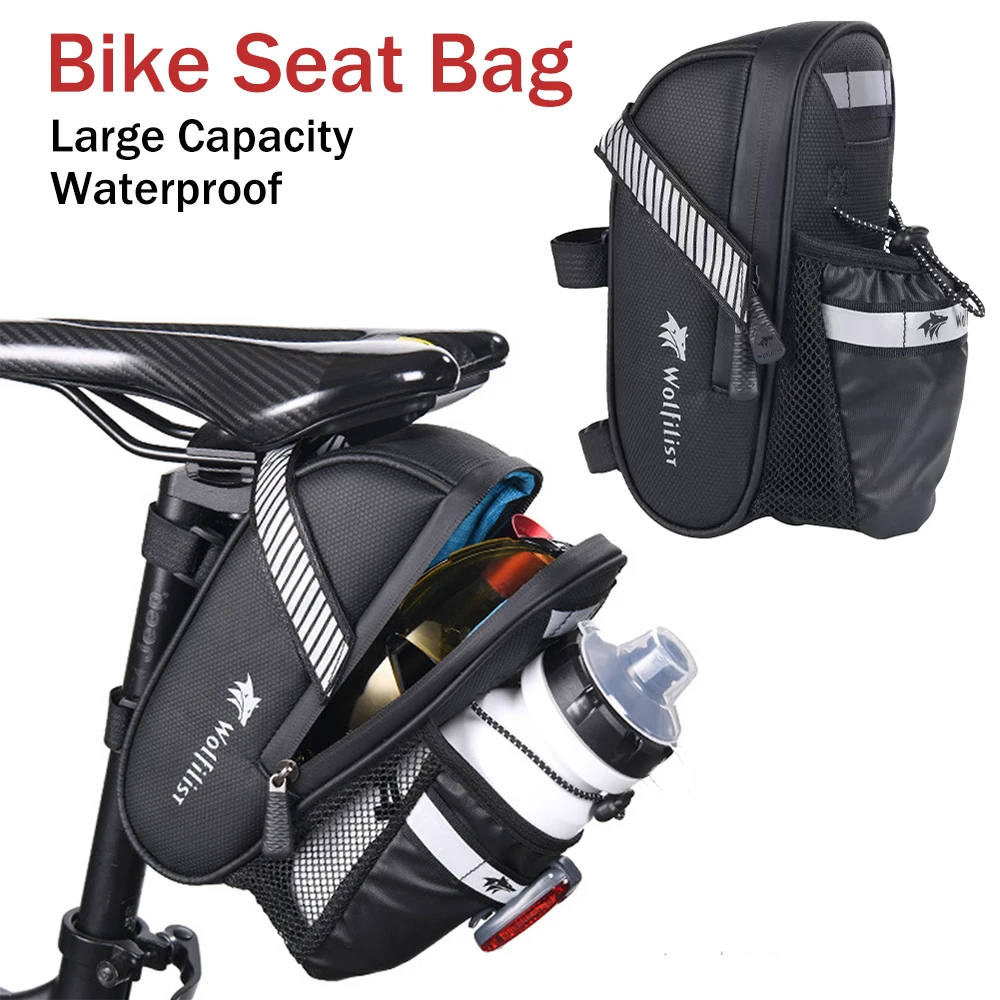 Bike Seat Bag with Water Bottle Holder Bag Reflective Bicycle Saddle Bag Ultra Light Bike Pouch Waterproof Cycling Accessories