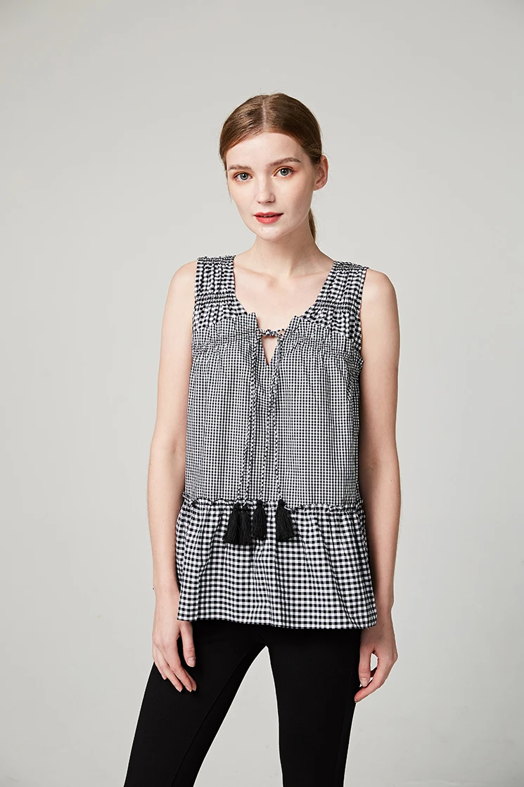 

T3006 Plaid Svel irt Women's Casual Breathable V-ne Cotton Plain Weave Thin Summer Faion Front Bow Tie Top