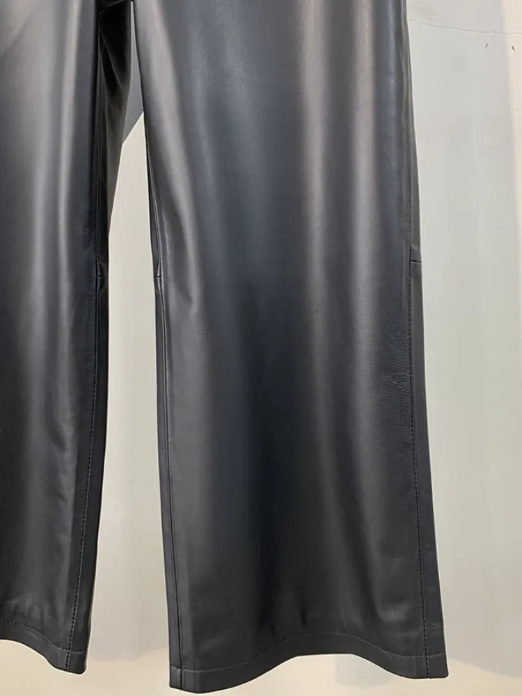 الترفيه نمط زر جلد الغنم السراويل المريحة بلون جلد طبيعي عالية الجودة السيدات جيب مستقيم الساق بنطلون #6