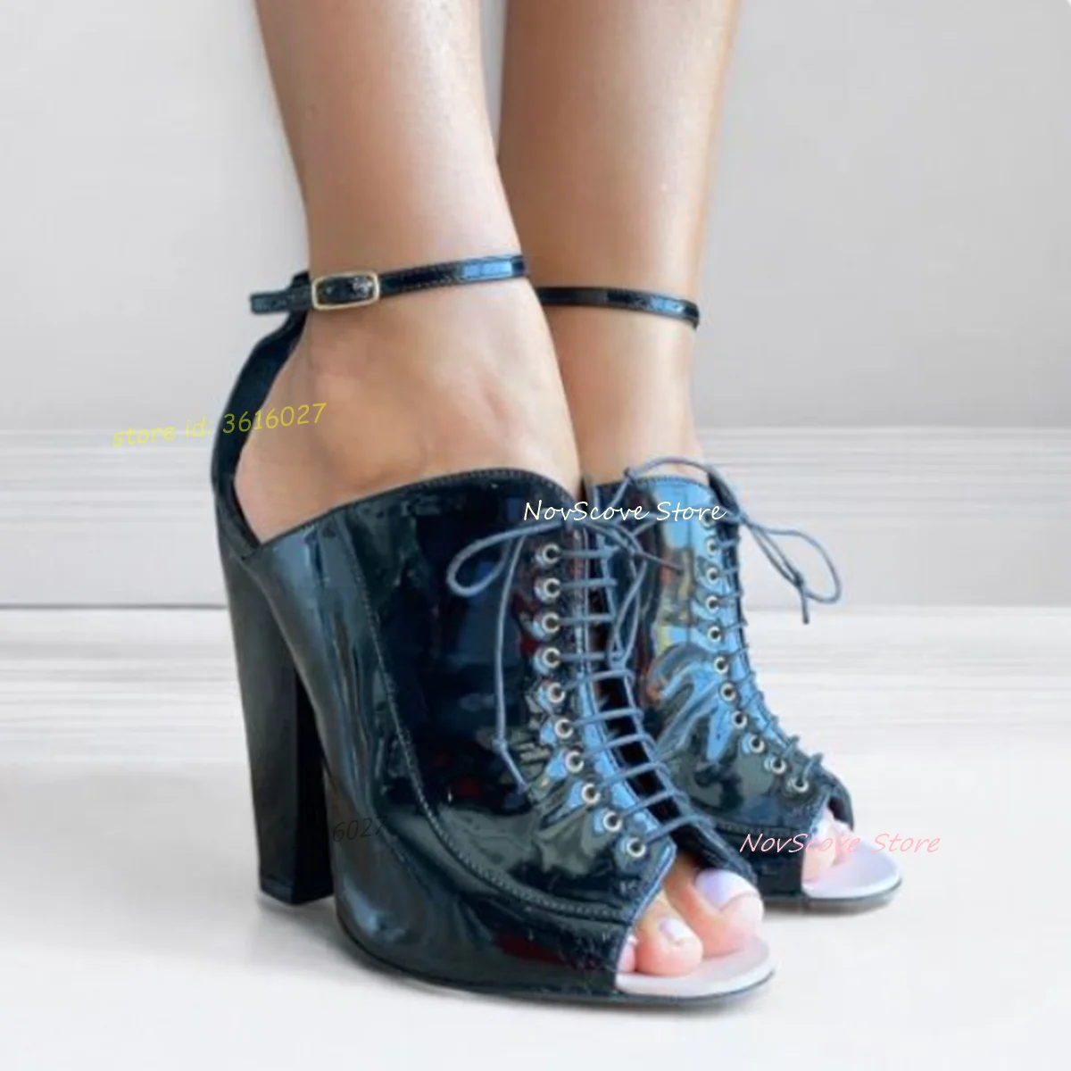 Peep Toe Black Patent Leather Sandals Block High Heels Ankle Straps Buckle Lace Up Cutouts Pumps Summer Sexy Women Party Shoes