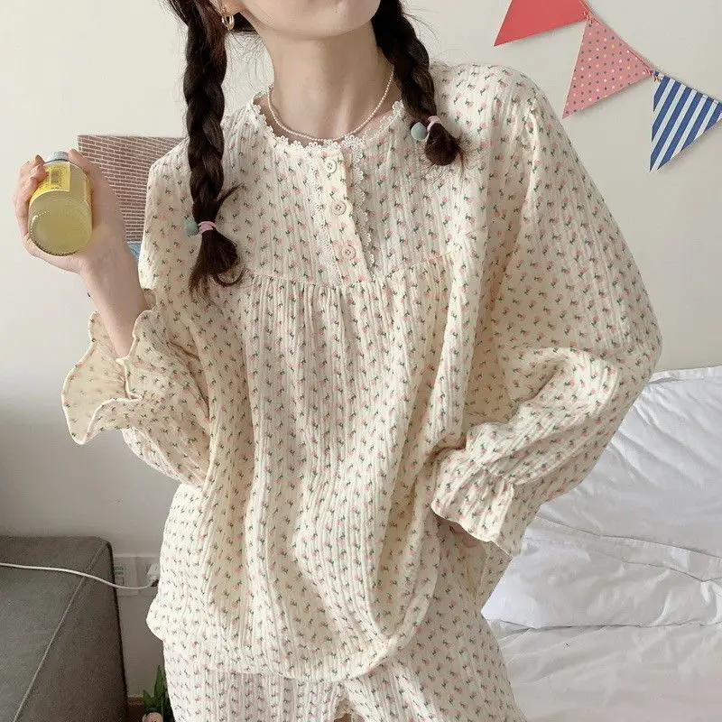 Floral Sleepwear Women Pajama Sets Korean Piiama Ruffle Pants Sets for Women 2 Pieces Autumn Button Night Wears O-neck Home Suit