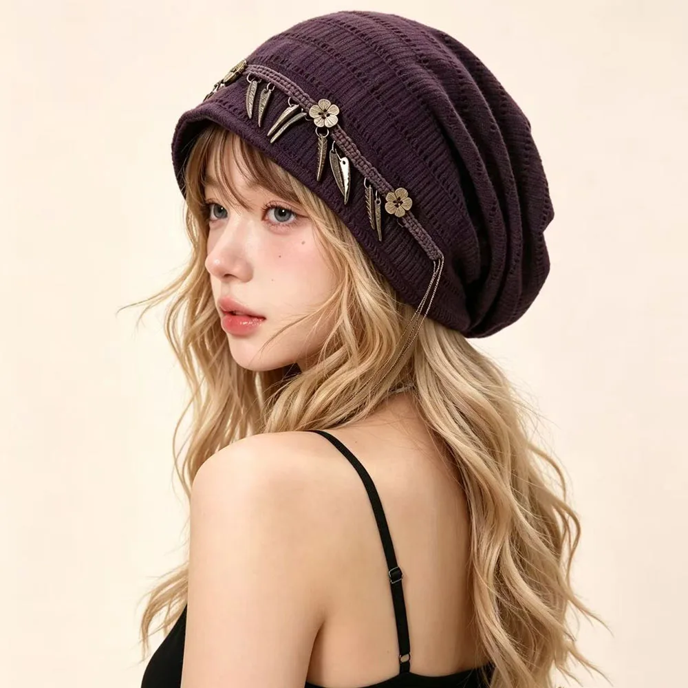 Boho Ethnic Slouchy Beanie Hat for Women Vintage Tassel Fringe Skull Cap Cold Cap Artistic Loose Stretch Hat Wrap Headwear