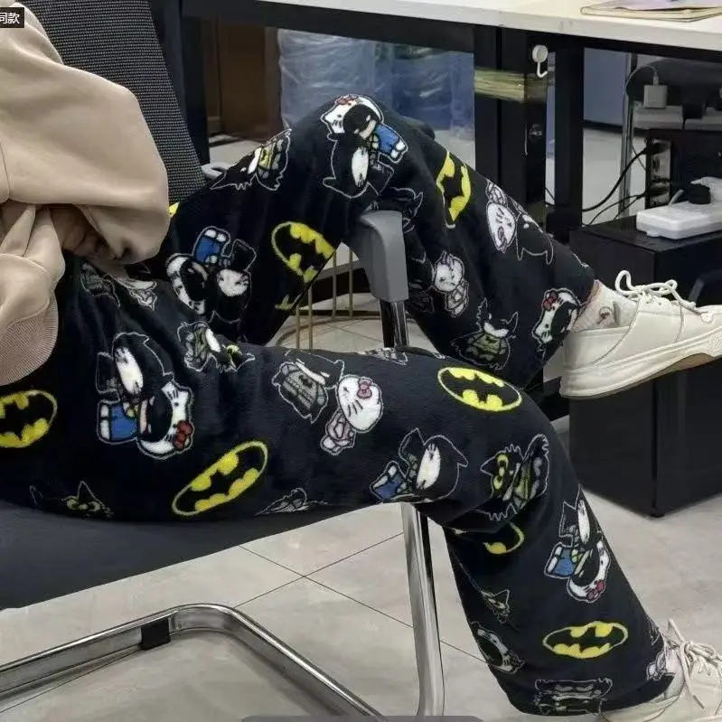 Nuevo Kawaii Y2k otoño KT gato Batman pantalones de pijama dibujos animados Hip Hop señoras cálido Casual franela lindos pantalones ropa de estilo de felpa regalo