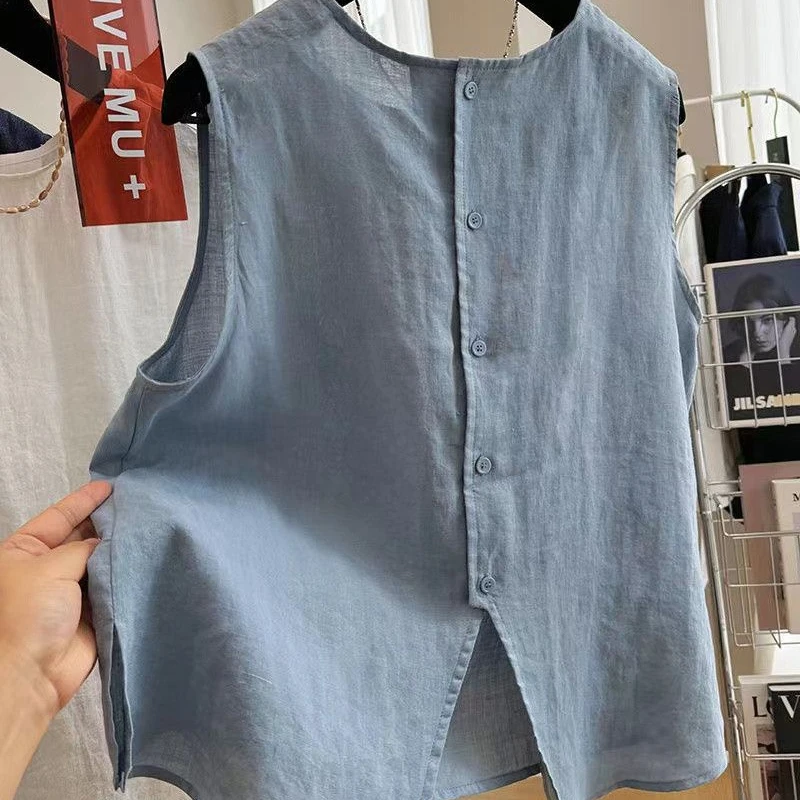 Cotton and Linen Round Neck Summer Thin Loose Literary Versatile Shirt Sleeveless Top Small Vest