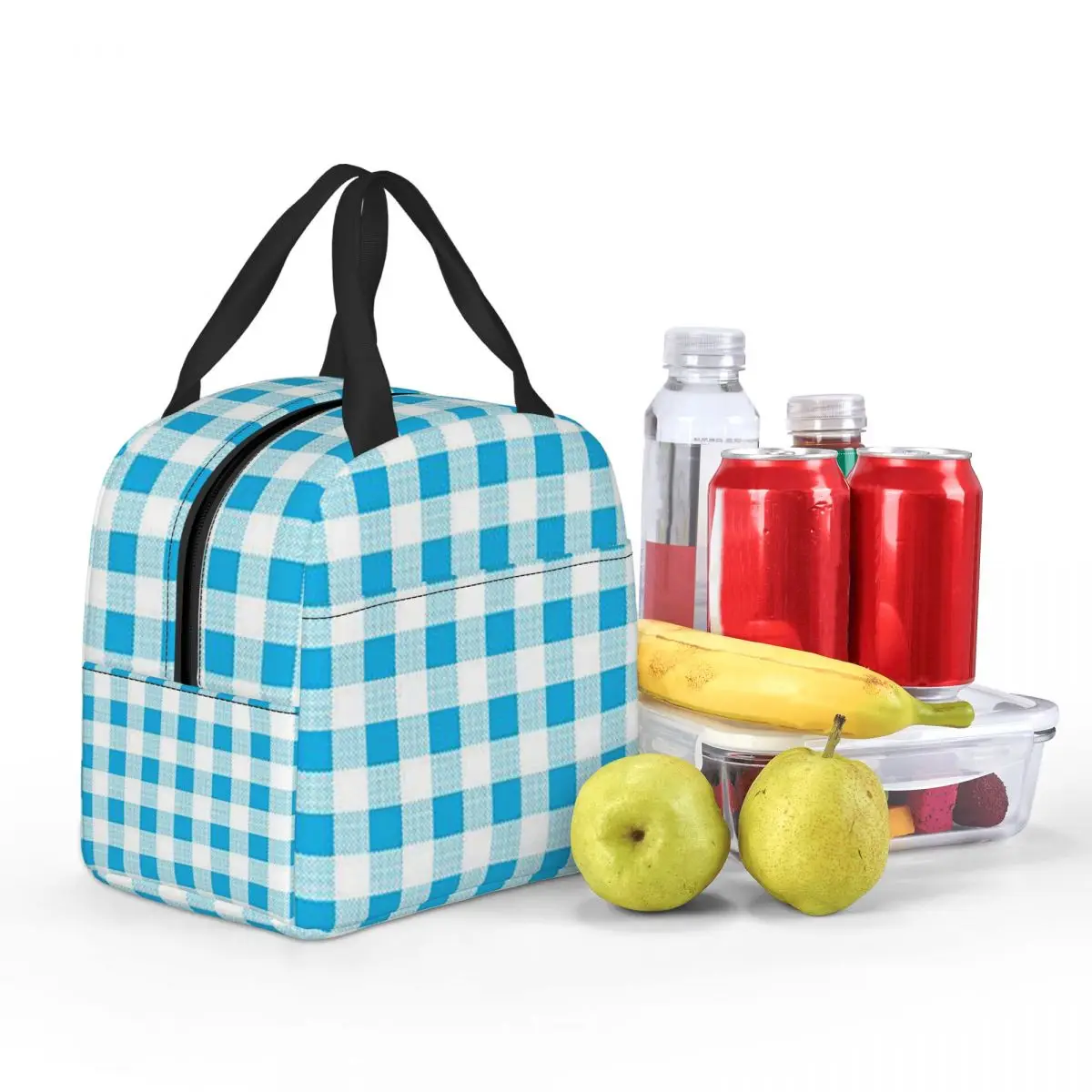 

Blue Mini Gingham Plaid Insulated Lunch Bag for Women Office Cooler Thermal Food Box Tote Leakproof Lunch Boxes Container