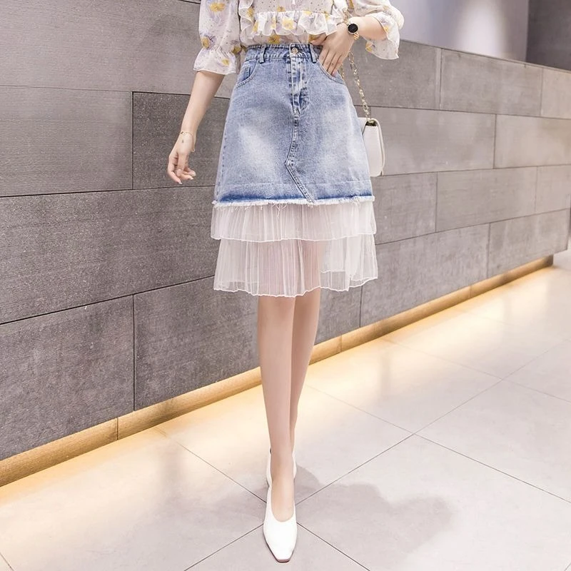 

Women's High Waist Slimming Versatile Trendy Denim Short Skirt with Midi Mesh Lace Patchwork 2026 Spring Summer New Arrival