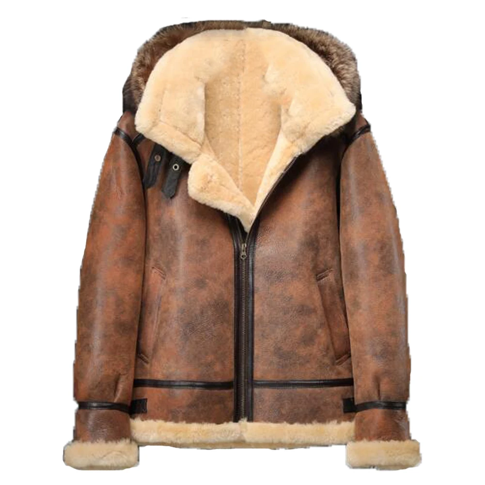 Denny&Dora Mens Shearling Jacket Sheepskin Coat Hooded Mens Brown Shearling Jackets