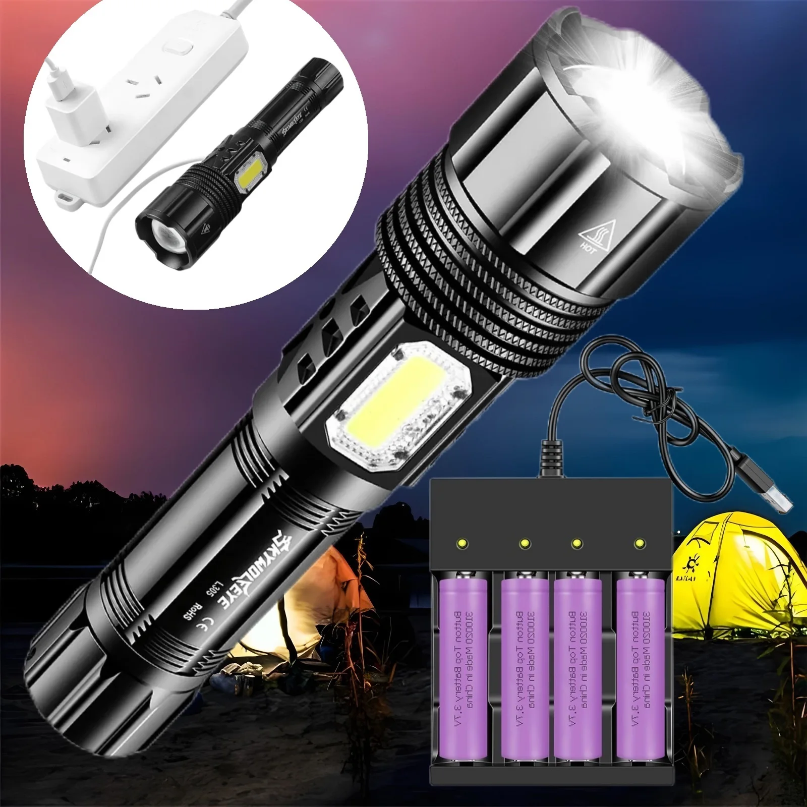 

High Lumens Rechargeable Led Flashlight Set 5 Working Modes Waterproof Torch with USB 4 Slot Battery Charger for Camping Hiking