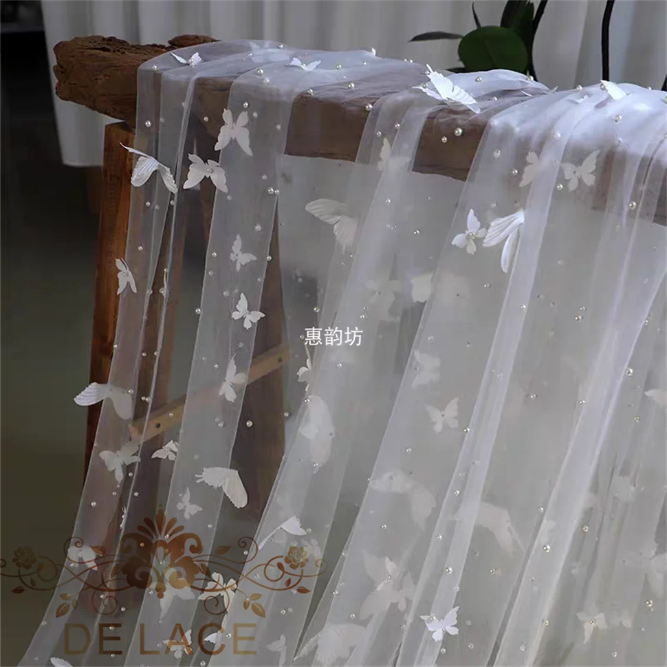 HYF Wykwintna koronka 3D z motylami, koraliki w kolorze kości słoniowej, miękka siateczka, koronka na suknię ślubną